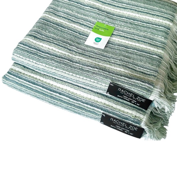 Rachel Zoe 2 Pc Cotton Bath Towels Set Grayish/ Blue & Ivory Stripes W/ Fringe - Picture 2 of 9